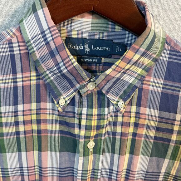 Ralph Lauren Plaid Pink Green Blue Yellow Button Down Shirt CUSTOM FIT Men's L - Picture 2 of 9